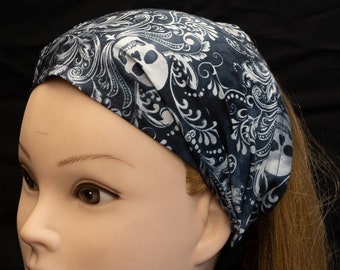 Beautiful filigree & skull design, elasticated headband great for tying hair back, ideal Chemo head wear  bandana/Scarf