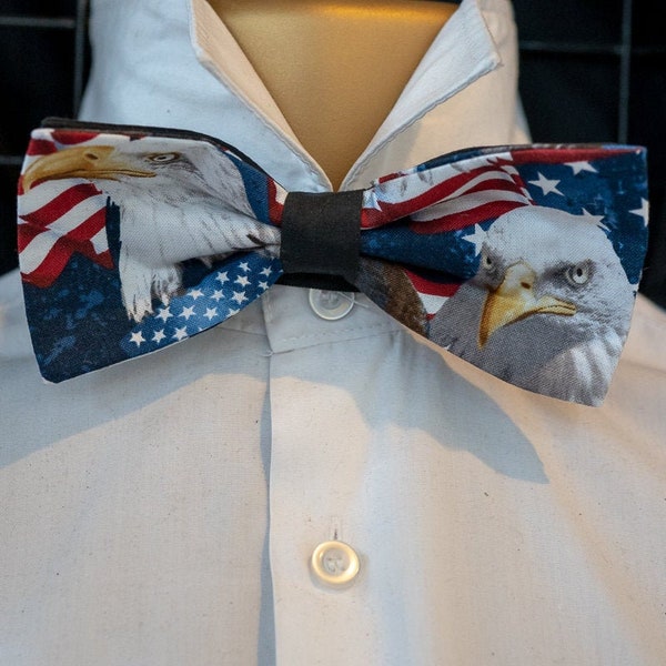 American Bald Eagle USA Flag Bow Tie Hair Bow Dickie Bow, Necktie Perfect For Graduation Or Prom Timeless Treasures 100% cotton