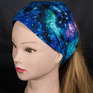 Bright vibrant galaxy, stardust milky way stars on our handmade Headband Bandana Hair Tie Ladies Girls Fashion Timeless Treasures Cotton