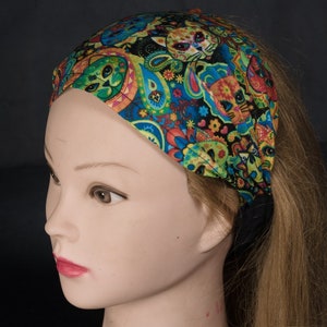 Day of the dead space cats Fabric Handmade Elasticated Headband Bandana Hair Tie Bandanna Ladies Fashion Timeless Treasures 100% Cotton