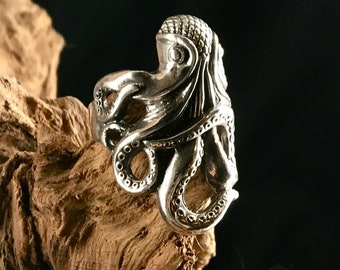squid octopus tentacle Biker Ring Skull sterling silver Kraken Steampunk gift for her