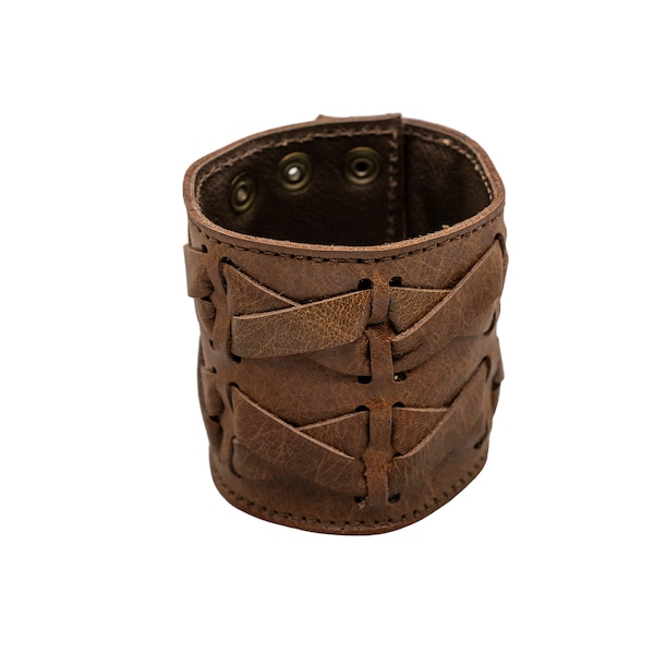 Breites Echt Lederarmband mit 2 Zöpfen aus geflochtenem, braunem Leder. Handgelenksmanschette, Armband, Armschützer, Larp, Viking Keltischer Biker