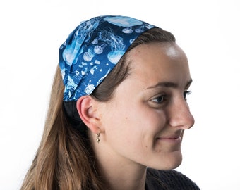 Swarm of Jellyfish in beautiful shades of blues & aquas ~ Elasticated headband handmade from 100% cotton ~ Hair Tie Ladies Girls Fashion