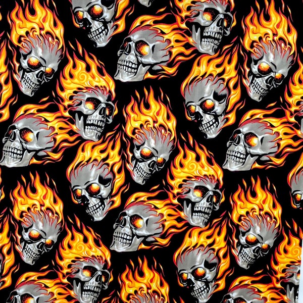 Fat Quarter Great Biker Design, Skulls on Fire! Alexander Henry 100% Cotton Fabric perfect for making clothing, costumes and accessories