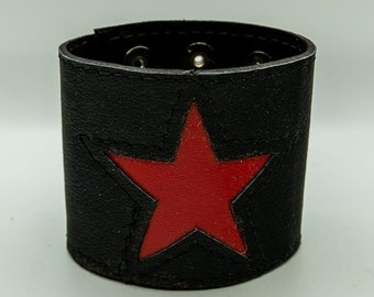 Wide Real Leather Wristband with a Red Star Inlay Wrist Cuff/Protector/sits very comfortably on your wrist, perfect for bikers & larpers