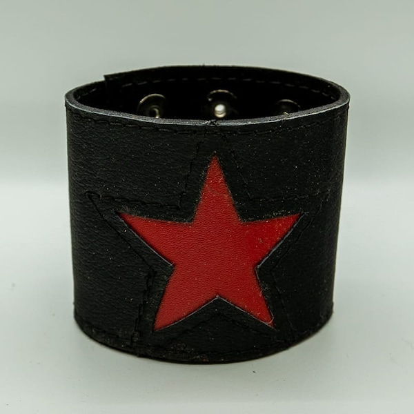 Wide Real Leather Wristband with a Red Star Inlay Wrist Cuff/Protector/sits very comfortably on your wrist, perfect for bikers & larpers