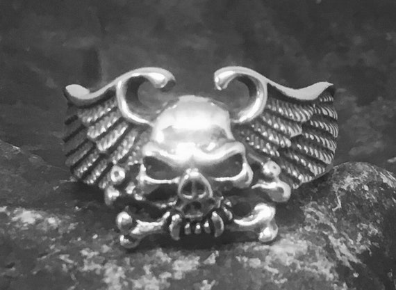 Skull & Crossbones Eagle Wing Ring .925 Sterling Silver