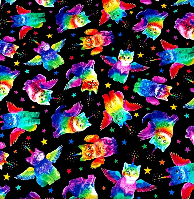 Funny funky Unicorn Pegasus Rainbow Cats Timeless Treasures 100/% Cotton Fabric perfect for making masks bandanas /& apparel