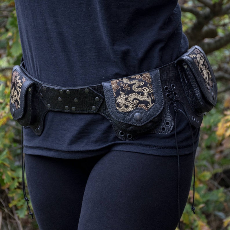 handmade leather,hip belt,pocket belt,festival clothing,steampunk,larp, Gift for him, Gift for her Utility Pouch Belt Dragon Satin Brocade