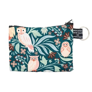 Design hibou des bois ~ Sac à main fait main ~ 100 % coton idéal pour les pièces de monnaie avec cartes de paiement ~ Belle scène de forêt