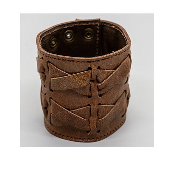 Wide Real Leather Wristband With 2 Plaits of Woven Brown - Etsy
