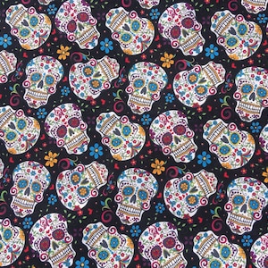1/2 Metre Great Day of the dead designer fabric. Candy Skull Sugar Skulls 100% cotton perfect for makingclothing, costumes and accessories