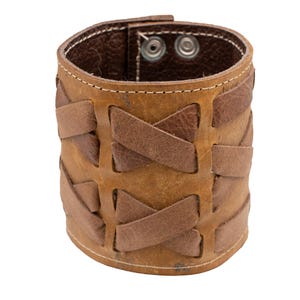 Wide Real Leather Wristband with 2 plaits of woven brown leather.  Wrist Cuff, Bracelet, Arm Protector, Larp, Viking Celtic Biker