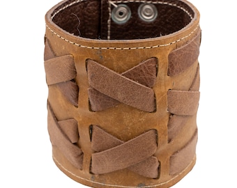 Wide Real Leather Wristband with 2 plaits of woven brown leather.  Wrist Cuff, Bracelet, Arm Protector, Larp, Viking Celtic Biker