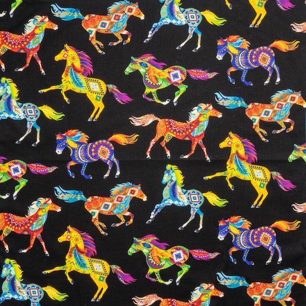 Chevaux peints de motifs aztèques lumineux et éclatants 100 % coton Timeless Treasures, parfait pour les amateurs d'équitation