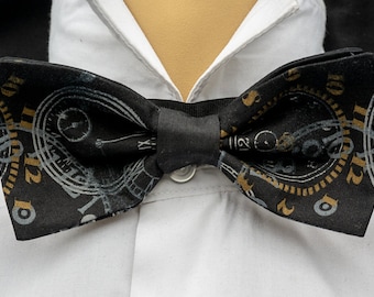 Great fabric, a mass of various clock faces in silver & gold on this stylish Bow Tie, Dickie Bow Perfect For Graduation Or Prom 100% cotton