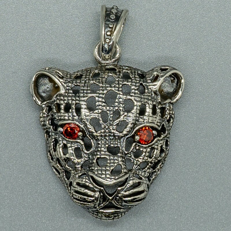 Leopard Head Pendant With Orangey/red Cubic Zirconia Eyes, Made
