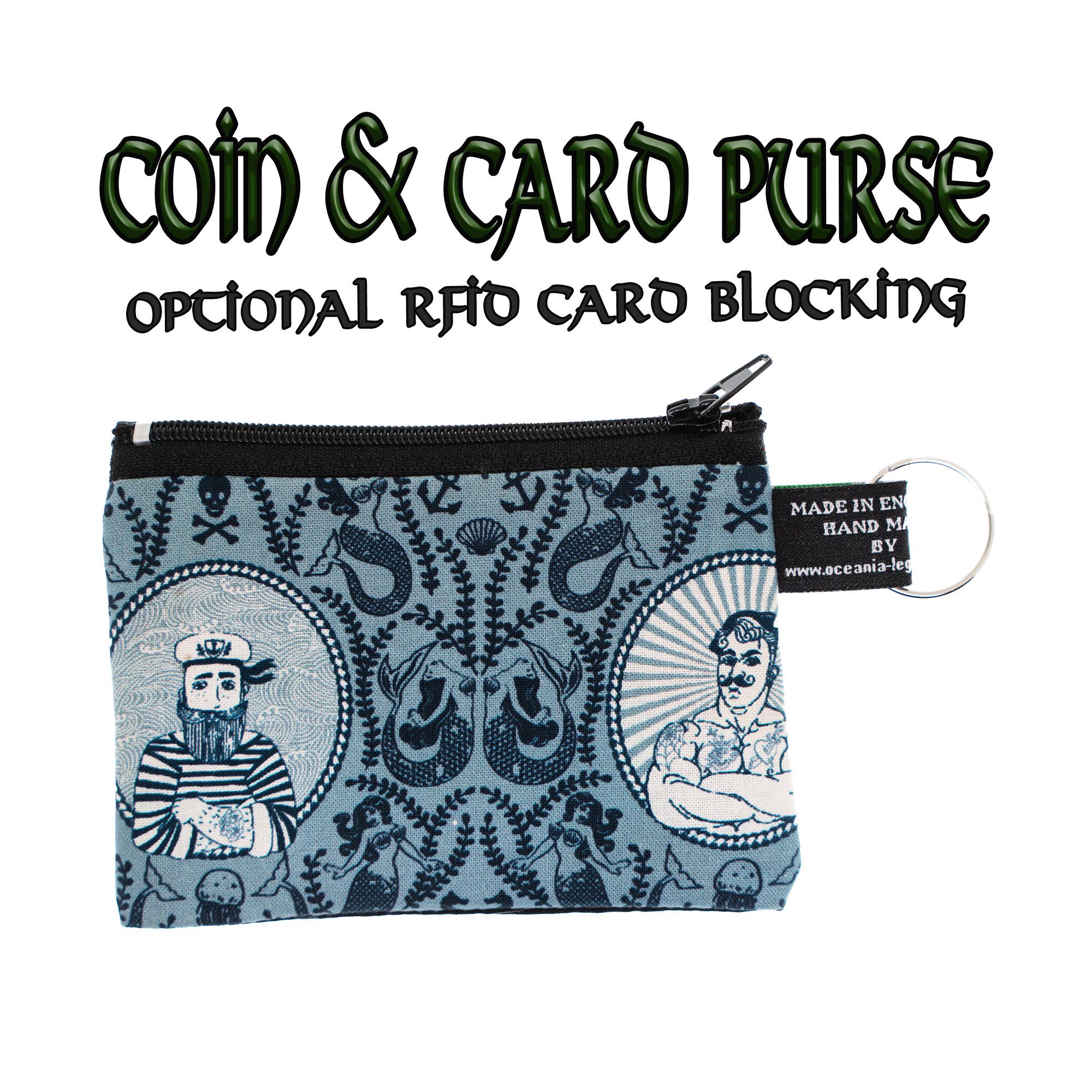 タトゥー入りセーラーデザイナーコインケース。時代を超えた宝物から手作り。100%コットン製。現金、カード、コインに最適。マーメイドスカル、マリナー、海賊