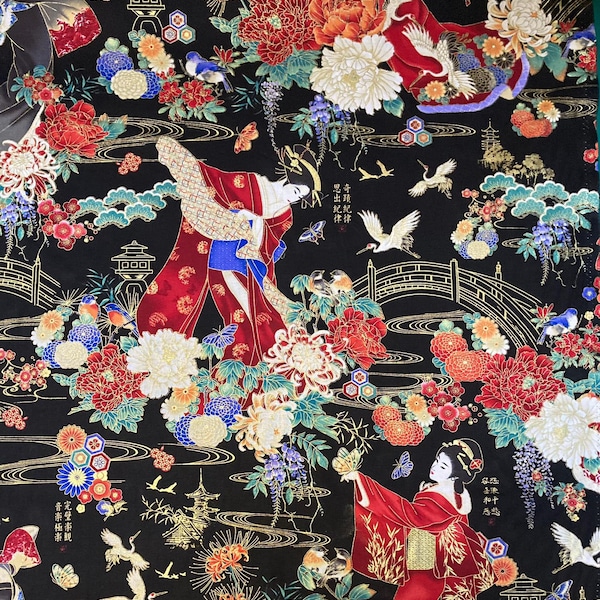 Fat Quarter Beautiful Japanese Geisha in traditional kimono & oshiroi makeup 100% Cotton Fabric for making clothing, costumes, accessories