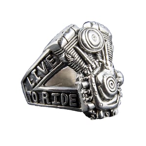 Engine Block, Live to Ride Ring .925 solid sterling silver Metal, Biker, Pagan, Gothic