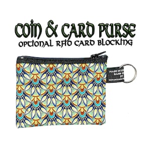 Monedero de monedas y tarjetas Peacock Fan, hecho a mano con 100% algodón, ideal para tarjetas de efectivo, monedas, regalo ideal con bloqueador de tarjetas RFID opcional