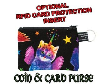 Regenbogen-Einhorn-Katze mit Flügeln ~ Handgefertigte Geldbörse ~ 100 % Baumwolle, ideal für Bargeld, Karten und Münzen, perfektes Geschenk ~ optionaler RFID-Kartenschutz