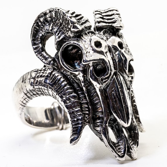 Voodoo Ram Skull Ring .925 Solid Sterling Silver Long Horn Goat