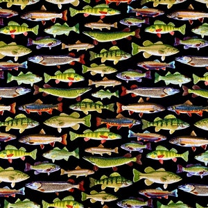 Puede incluir: Un patrón sin costuras de peces coloridos sobre un fondo negro. Los peces están en varios tamaños y posiciones, creando un diseño dinámico y animado.