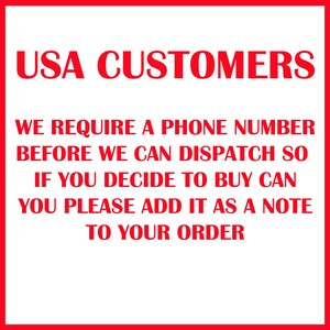 May include: Red text on a white background reads "USA CUSTOMERS" followed by a message requesting a phone number before dispatching orders. The text also asks buyers to add it as a note to their order.