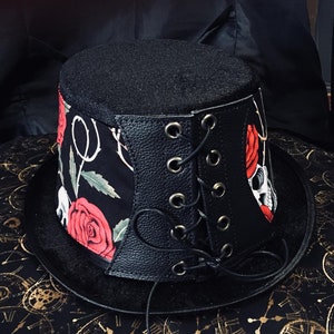 Red Rose & Skull Steampunk Hat Victorian Corset Gothic Tophat Leather 100% Cotton Fabric image 3