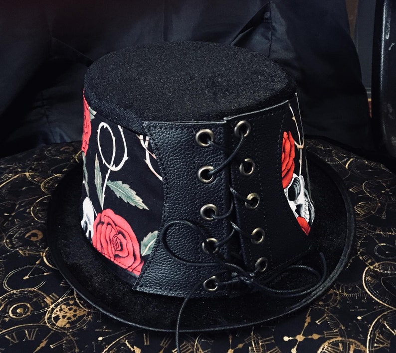 Red Rose & Skull Steampunk Hat Victorian Corset Gothic Tophat Leather 100% Cotton Fabric image 3