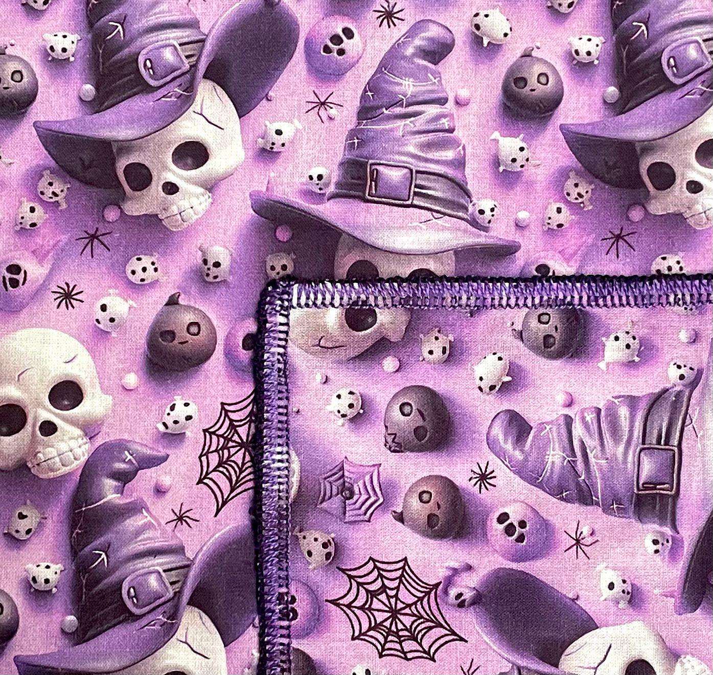 Halloween design with skulls wearing witch hats, webs & pumpkins handmade bandana/Headband Chemo head wear Biker 100% cotton
