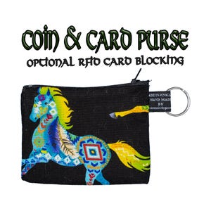 Caballos con diseños estilo azteca pintados en colores brillantes ~ Monedero hecho a mano 100% algodón ~ ideal para tarjetas/monedas Regalo ideal ~ ELIGE BLOQUEADOR RFID