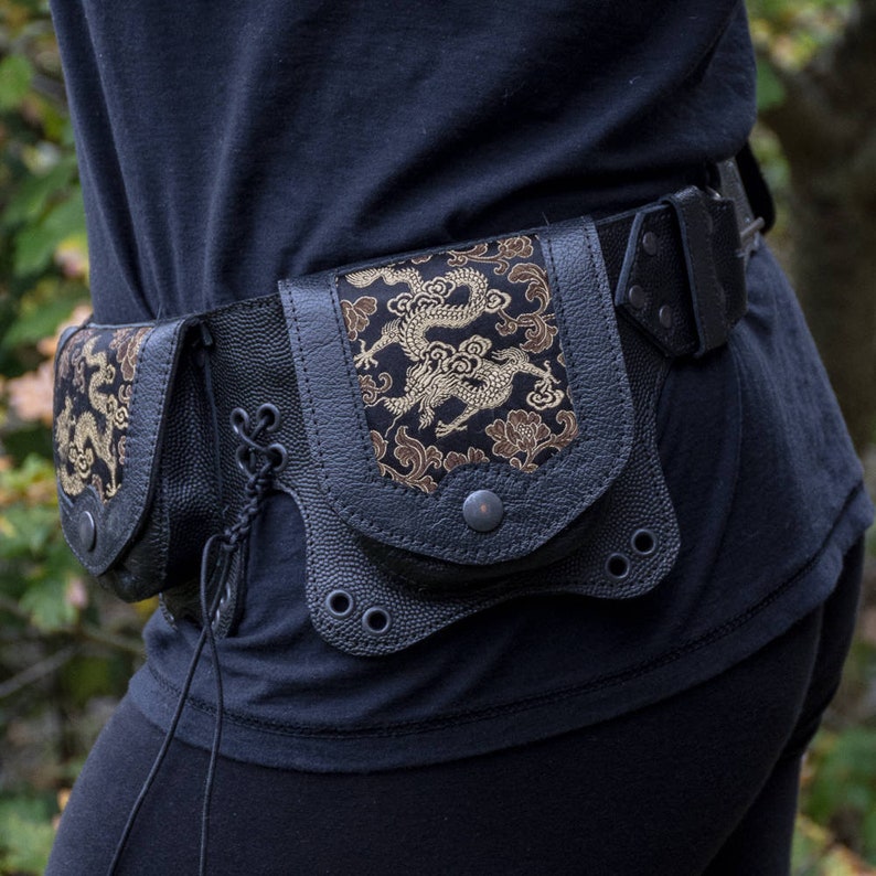 handmade leather,hip belt,pocket belt,festival clothing,steampunk,larp, Gift for him, Gift for her Utility Pouch Belt Dragon Satin Brocade