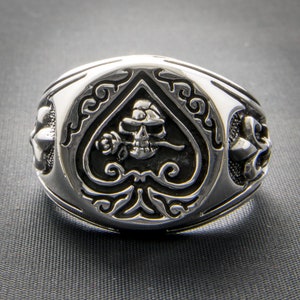 Ace of Spades Skull Ring .925 sterling silver, biker, goth, metal, viking, pagan, celtic - Sizes M - Z