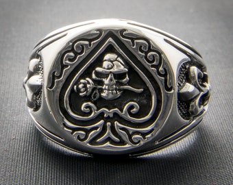 Ace of Spades Skull Ring .925 sterling silver, biker, goth, metal, viking, pagan, celtic - Sizes M - Z