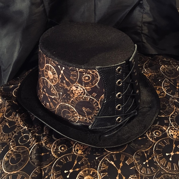 Chapeau steampunk corset victorien chapeau haut de forme gothique horloges rouages cuir tissu