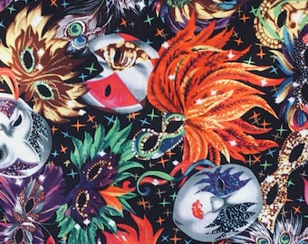 May include: A black fabric with a colorful pattern of masquerade masks, feathers, and stars. The masks are in various colors and designs, including gold, red, green, and blue.