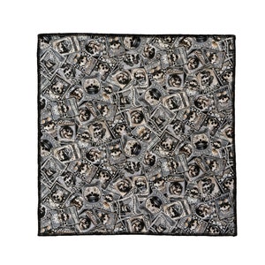 May include: Black and white bandana with a repeating pattern of skulls and motorcycle-themed text. The text includes "Classic", "Freedom", "Custom", and "Motorcycle".