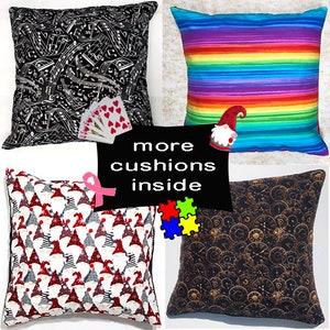 May include: Four decorative throw pillows with different patterns. The pillows are black with white musical notes, rainbow stripes, white with red and grey gnome faces, and black with gold gears. The text "more cushions inside" is in the centre of the image.
