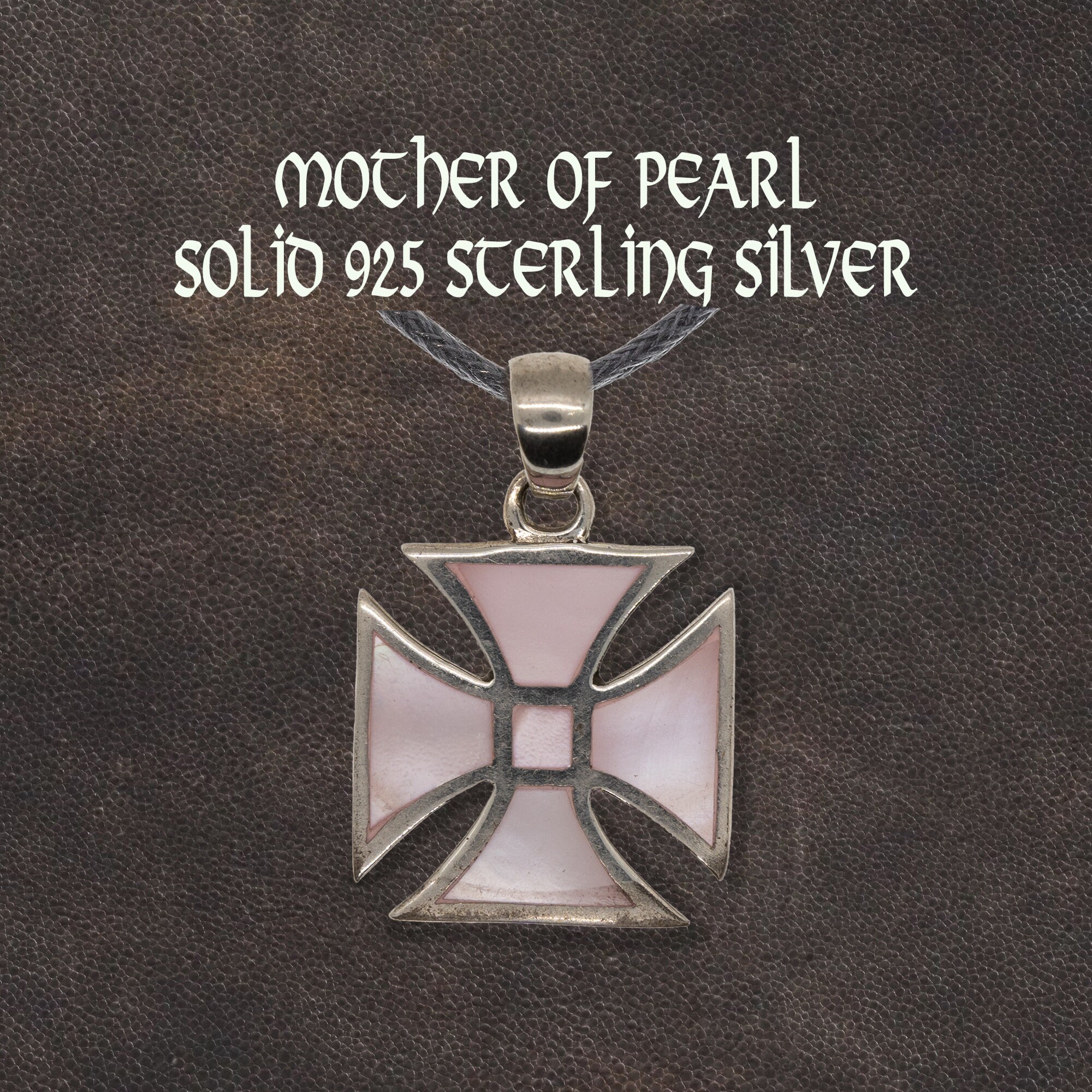 Iron Cross Mother of Pearl Handmade 925 sterling silver pendant. Beautiful piece supplied with bootlace cord or chain