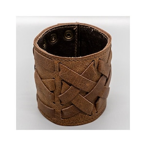 Wide Real Leather Wristband with plaited brown leather Wrist Cuff, Bracelet, Arm Protector, Larp, Viking Celtic Biker