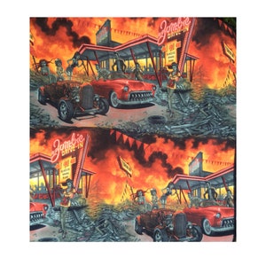 Zombie Movie Drive In 100% Baumwollstoff Alexander Henry Stoff Skulls & Skeletons Classic Car