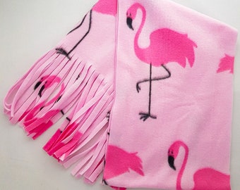 Very cute, very pink flamingo design on our handmade anti pill polar fleece scarf.  Ultra soft and warm fabric