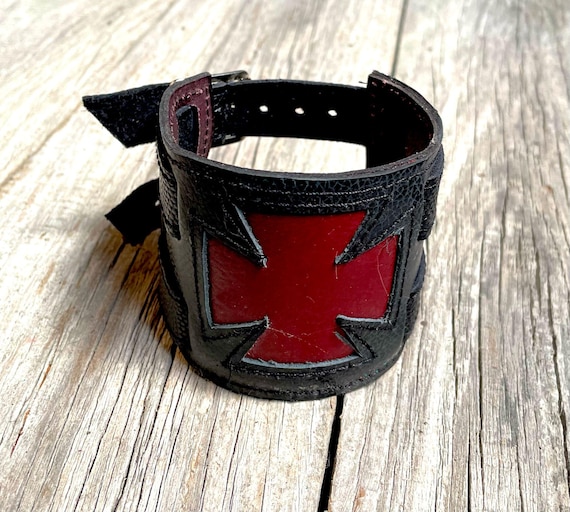 Real Leather Iron Cross Wide Wristband Wrist Cuff Attached With a