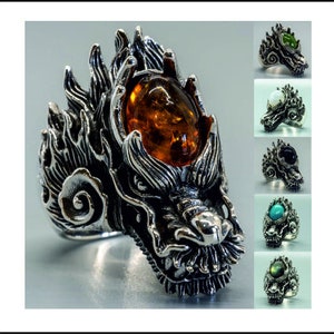Detalles asombrosos en este anillo de dragón chino de plata esterlina 925. Con ámbar, labradorita, turquesa, piedra lunar, piedra dorada y jade.