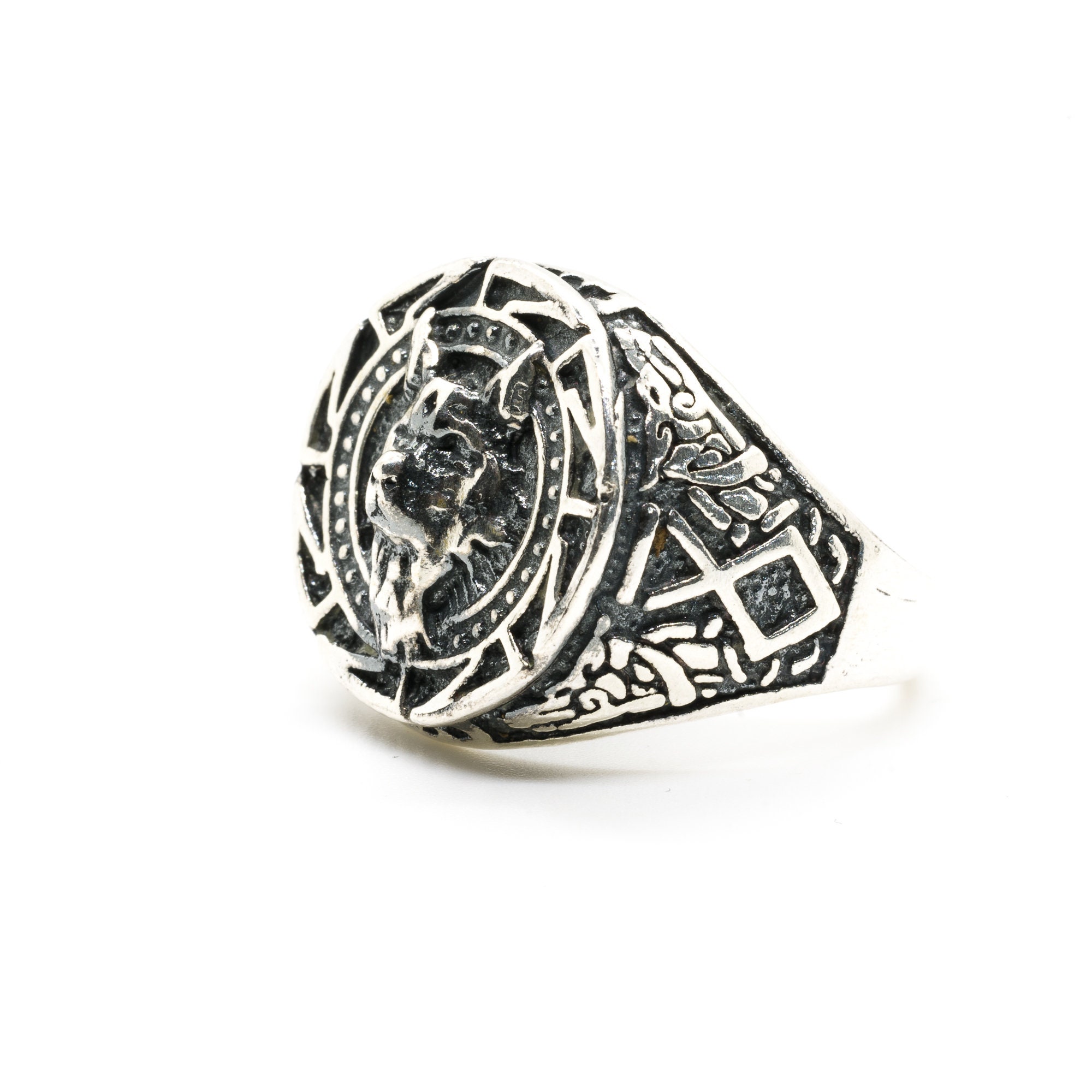 Wolf Head Signet Ring With Great Egyptian/aztec Detailing on the Sides ...