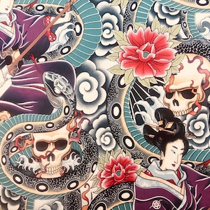 Zen Charmer Day of the Dead Japanese Tattoo Skulls Design, Bandana Headband Chemo Headwear Dog Bandana Alexander 100% Cotton Fabric