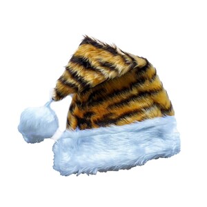 Xmas Santa Hat handmade from gorgeous plush Faux Fur fabric, Cruella Dalmatian, Leopard, Tiger, Cow, Elf a festive winter must have! 13 - Tiger -Wht Trim