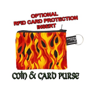 Flammes ~ Sac à main fait main ~ 100 % coton, idéal pour les pièces de monnaie avec cartes de paiement Cadeau idéal ~ avec protection de carte RFID en option Flaming Hell Fire